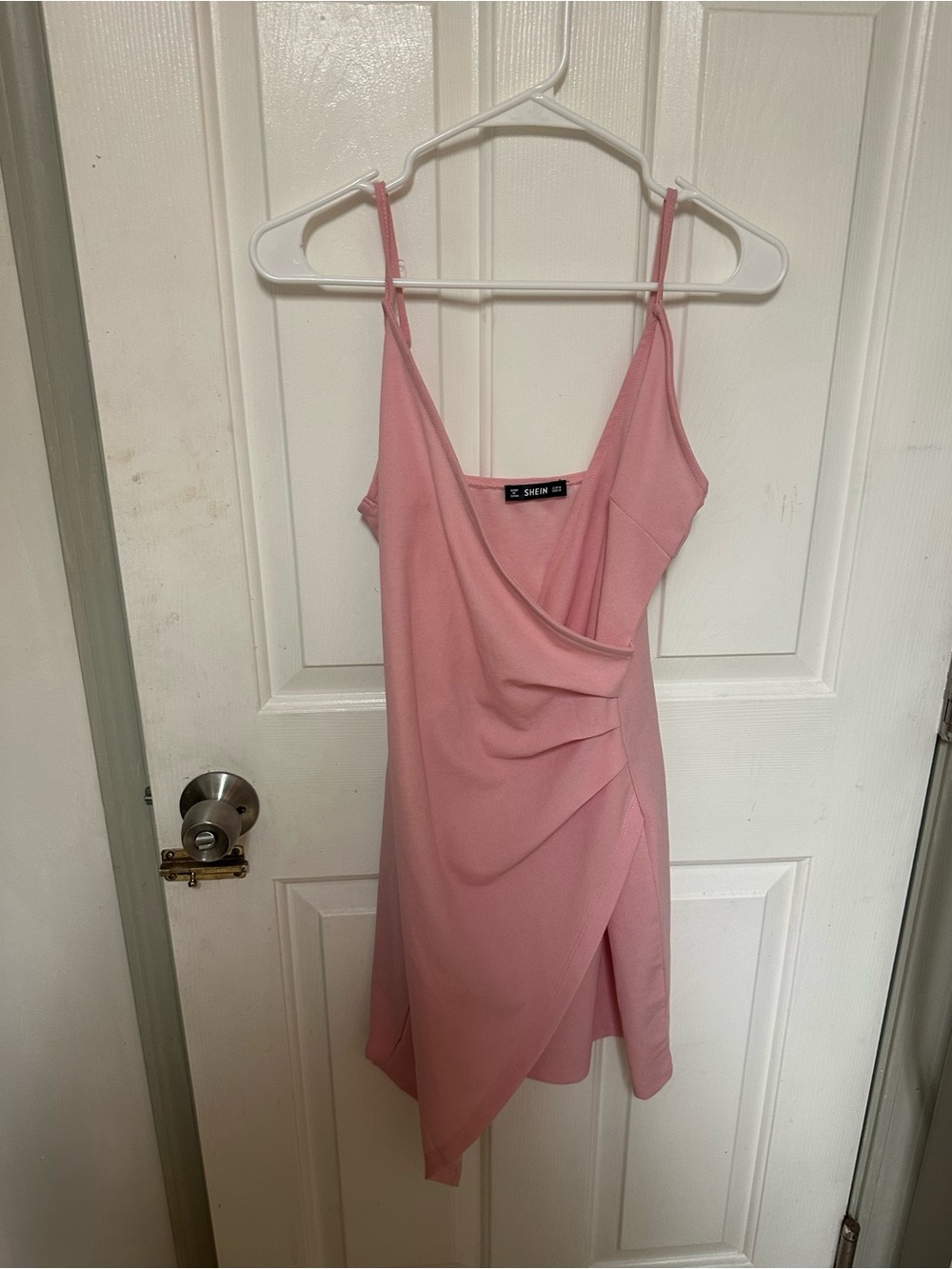SHEIN Pink Ruched V-neck Wrap Mini Dress Spaghetti Strap - Medium